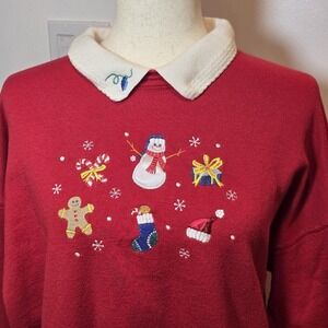 Vintage 90s Womens Red White Snowman Gingerbread Collared Christmas Sweatshirt L
